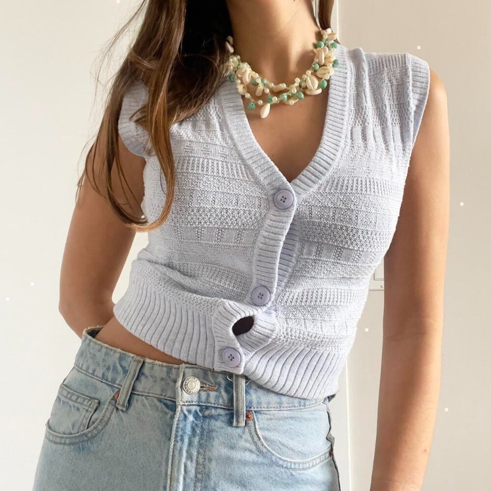27 Miles Malibu | Pastel baby blue knit sleeveless button up vest sweater top XS
